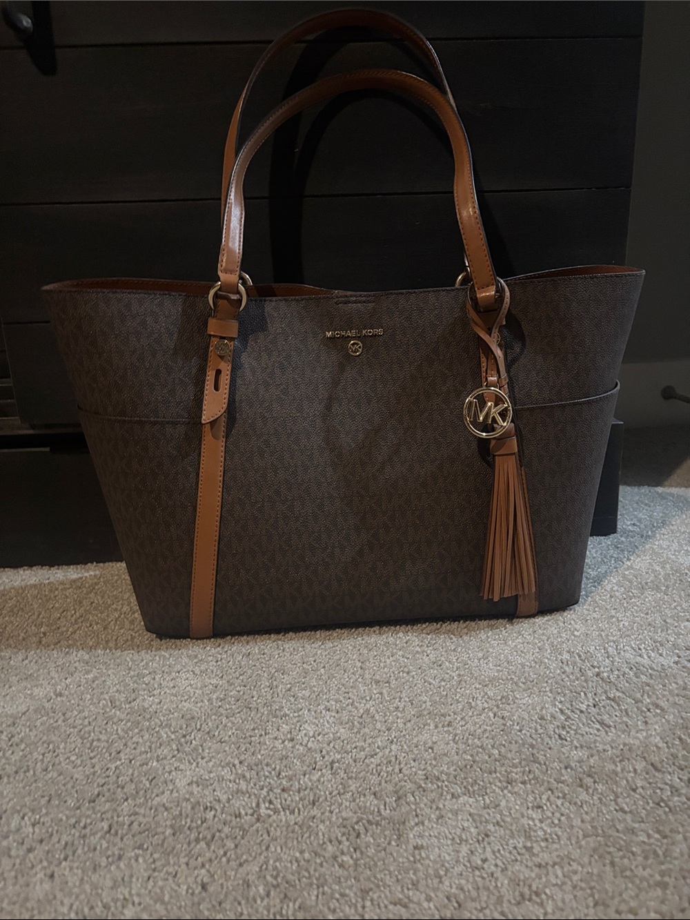 Michael Kors Brown and Tan Logo Tote Bag with Tassel